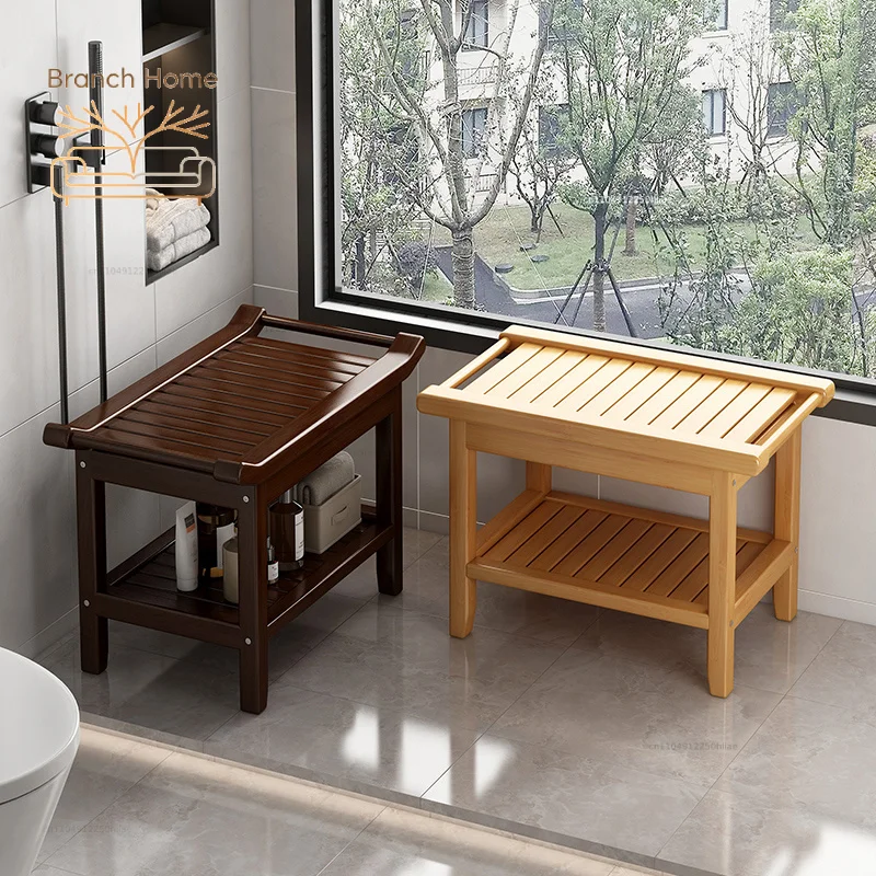 Waterproof Anti-Slip Bamboo Shower Stool Bathroom Bath Bench for Foot Washing And Entryway Shoe Changing Seat