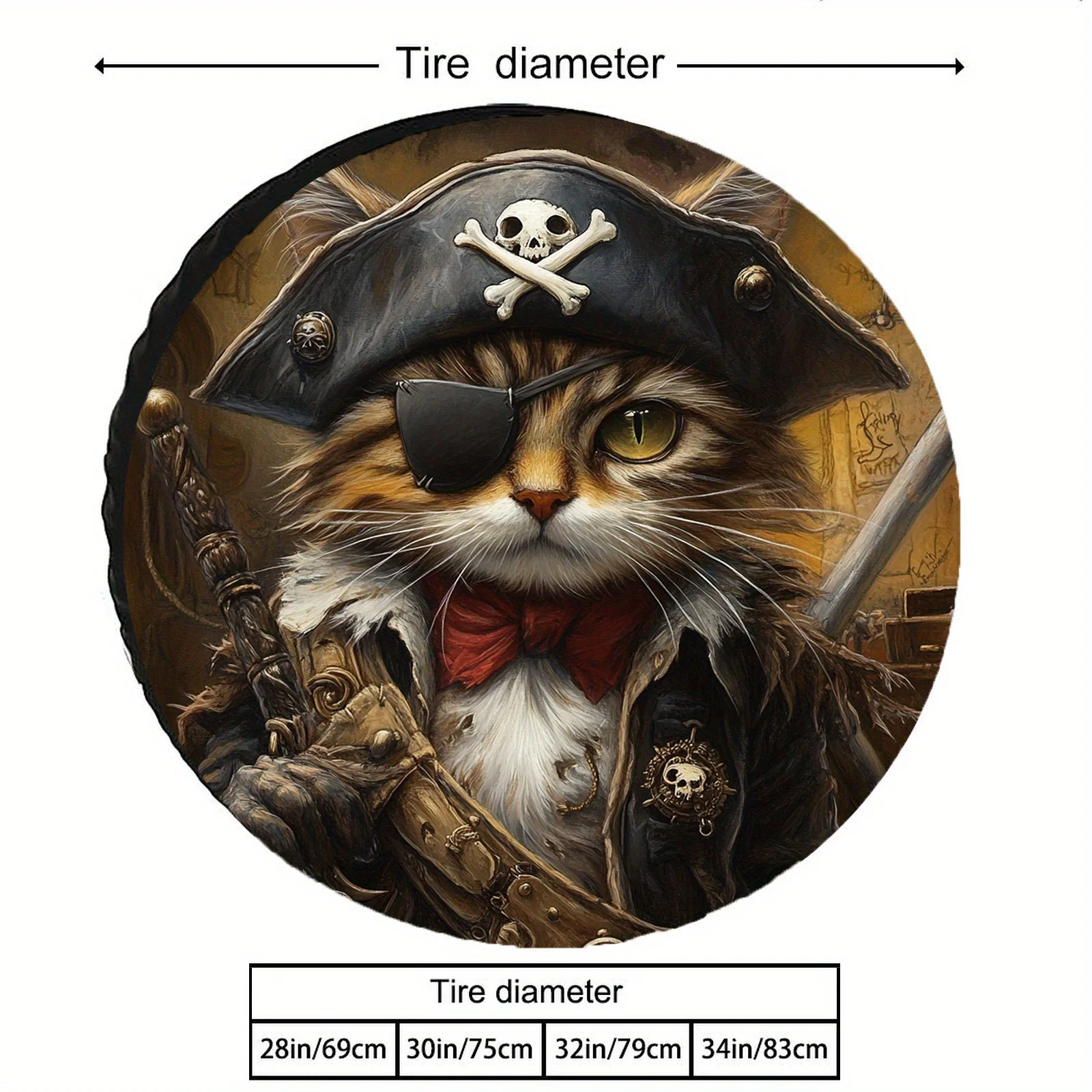 Pirate Cat Captain Eyepatch Novelty Spare Tire Cover Polyester Waterproof Wheel Protector for SUV RV
