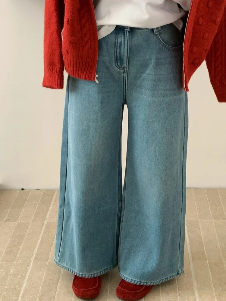 

Женские зимние джинсы с высокой талией, на флисовой подкладке, широкие, утепленные, корейская версия, светло-голубые, длинные, теплые, с эффектом похудения