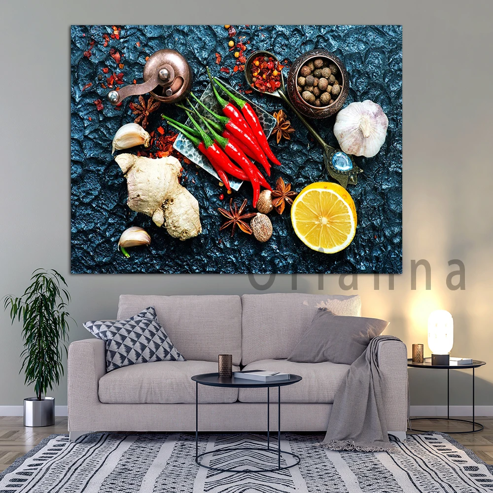 Herbs Spices Chilli Star Anise Lemon Ginger Garlic Canvas Wall Print Posters Modern Home Living Room Kitchen Decor Painting