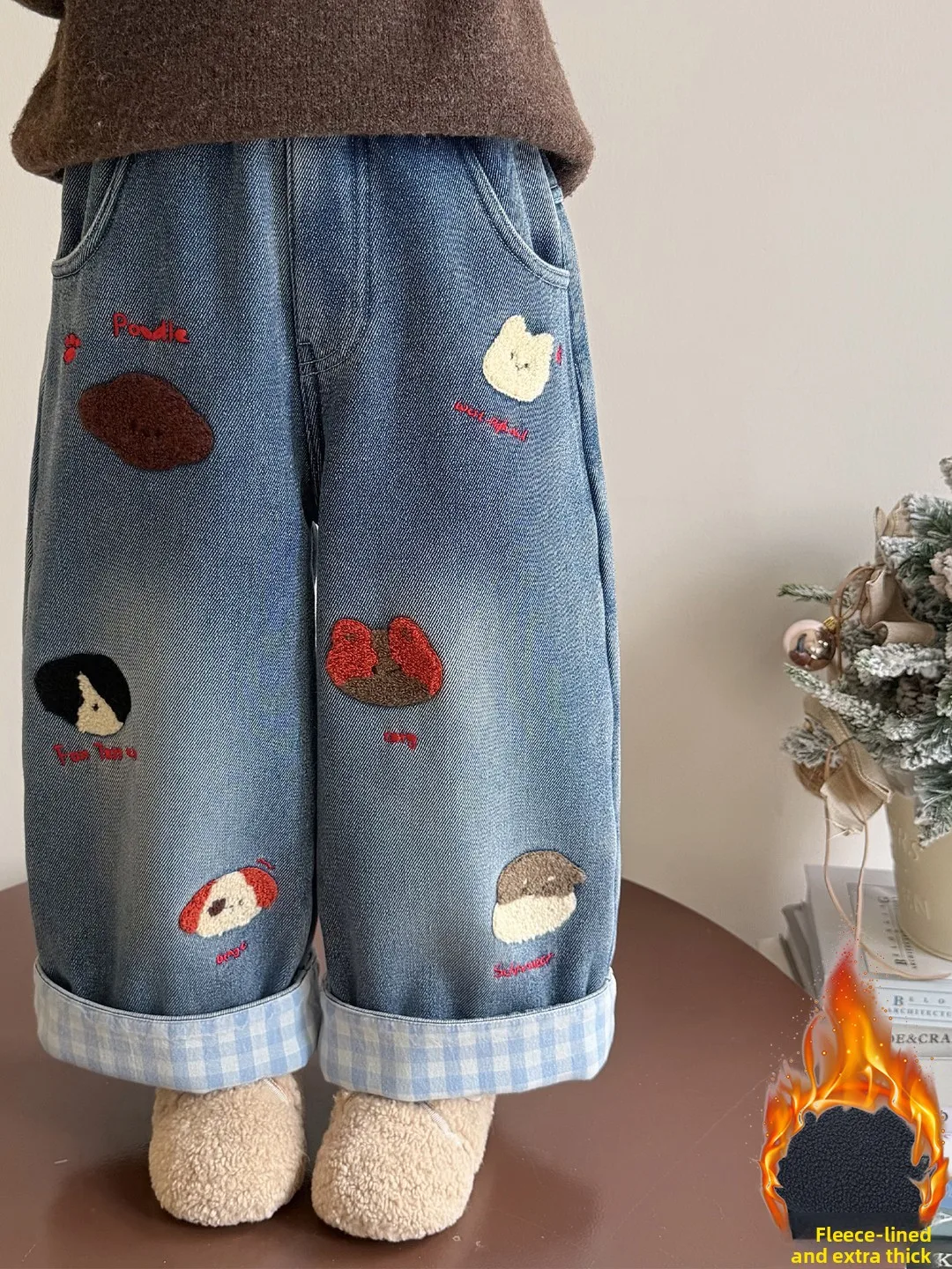 

Girls Fleece Lined Wide Leg Jeans Children's Casual Style Natural Waist Embroidered Pockets Warm Winter Fashion Korean Version