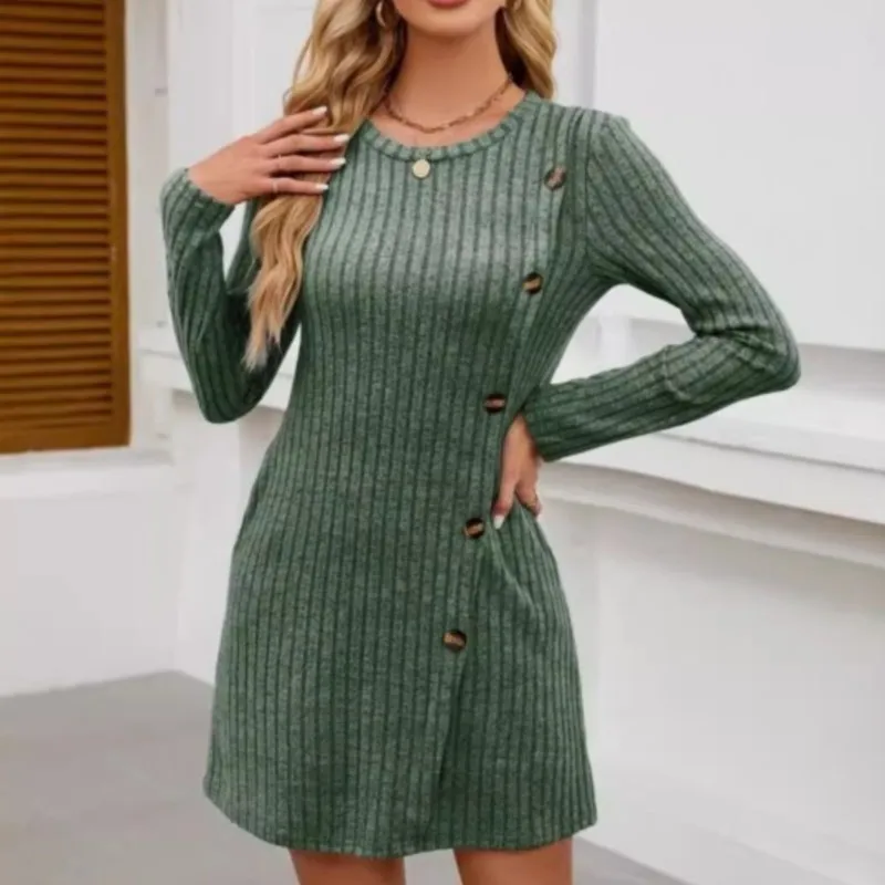 Casual Women's Long Sleeved Top Autumn Women's Round Neck Pit Stripe Brushed Split Autumn Solid Color Loose Button T-shirt