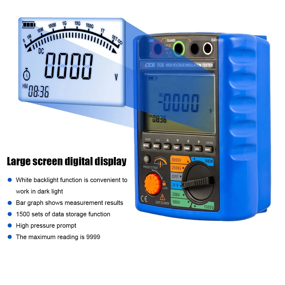 High Voltage Insulation Tester Digital Earth Ground Resistance Meter Ohm Real LCD Backlight Megometro 5000V Megohmmeter Voltmete