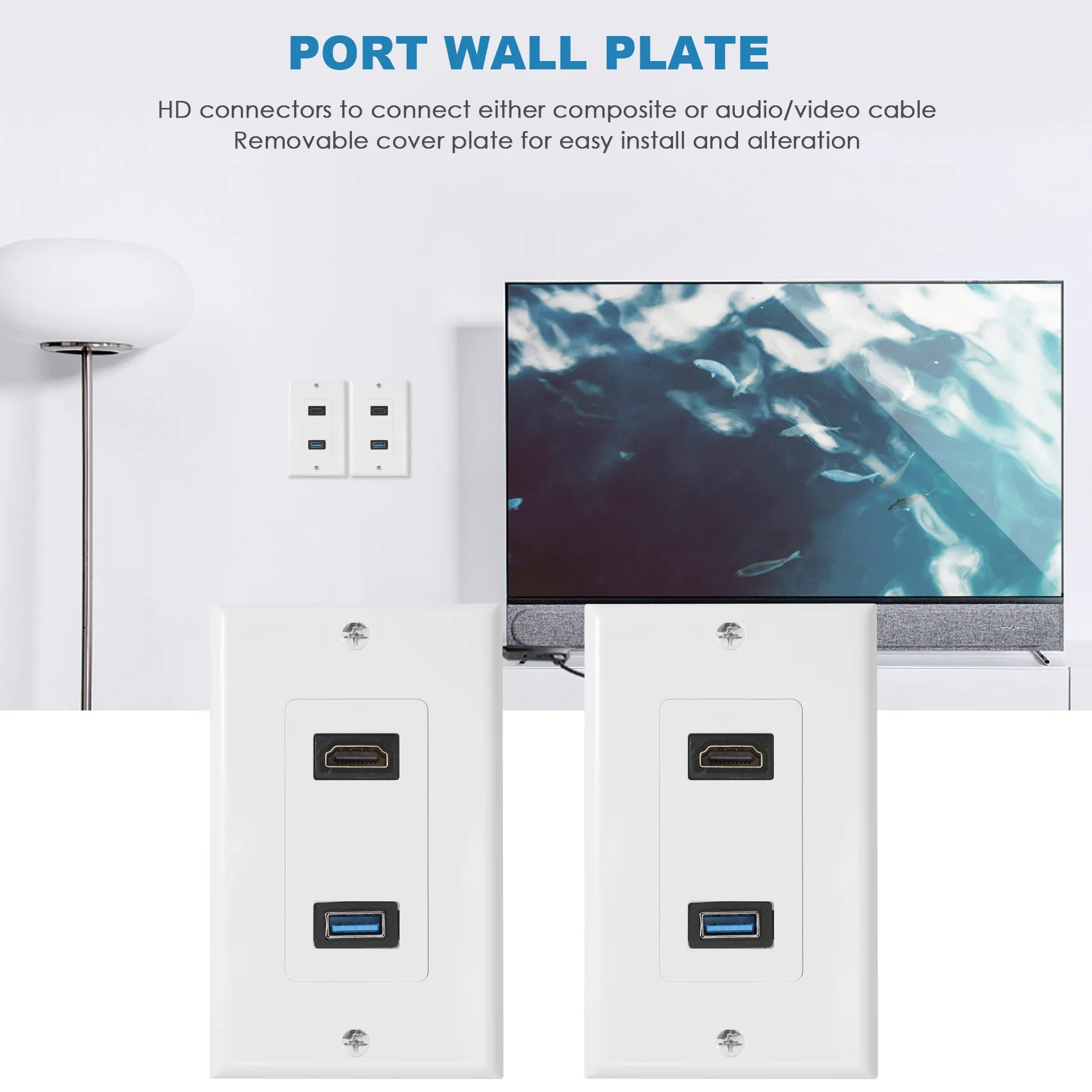 Prolongateur de prise de courant blanc, panneau de plaque frontale murale femelle, 1x2 ports HDMI + USB 3.0