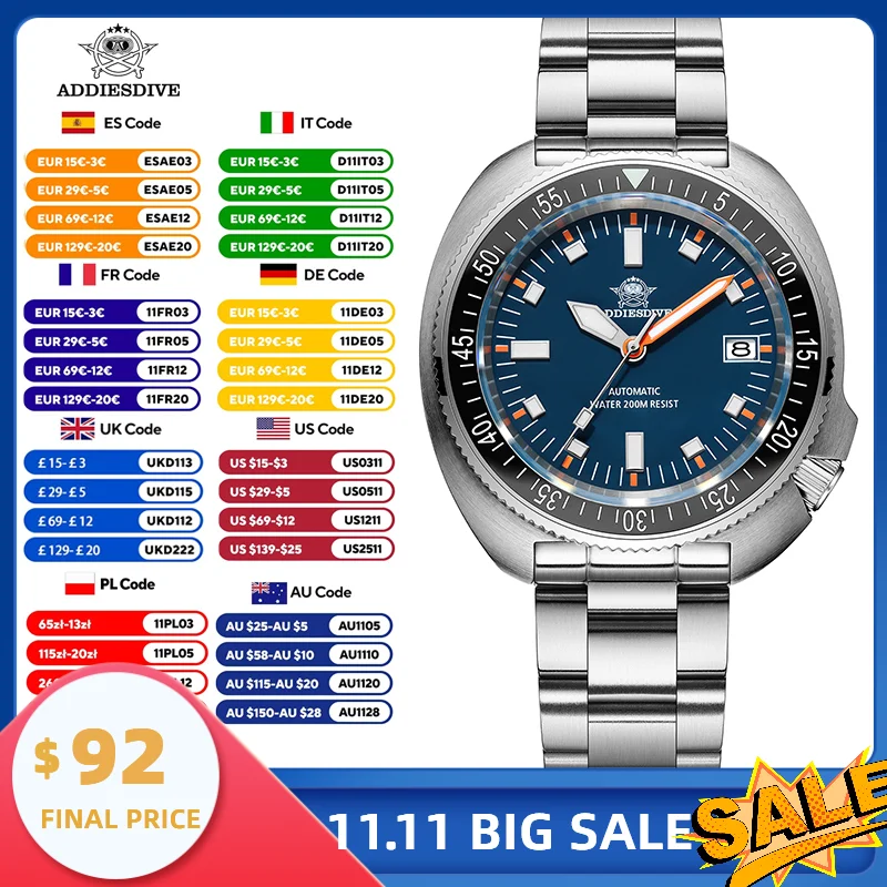 

ADDIESDIVE New AD2081 Automatic Watch Luxury Sapphire Glass Ceramic Bezel Men's Watch Luminous Stainless Steel 200m Diving Watch