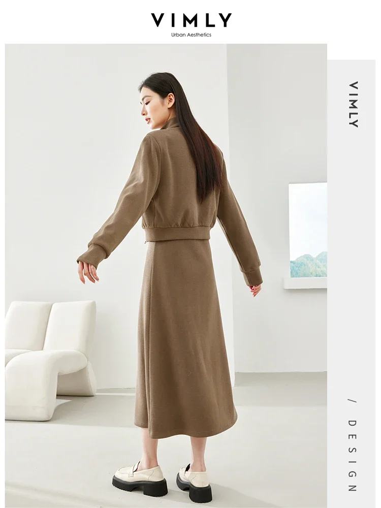 Vimly Casual Thick Sets for Women 2 Pieces Cropped Jacket Square Collar Midi Dress 2023 Winter Chic and Elegant Woman Set M5650