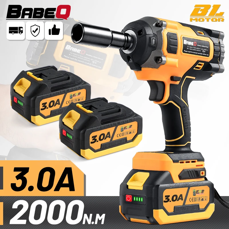 

BABEQ 2000N.M Torque Cordless Impact Wrench Rechargeable 3.0A Battery 1/2 inch Screwdriver Socket Brushless Electric Wrench Tool