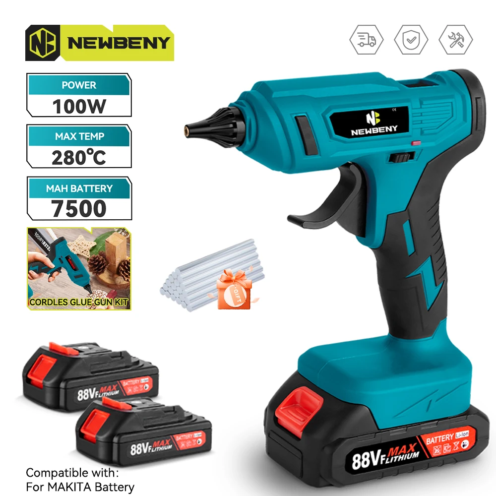 NEWBENY 280°C Hot Melt Glue Gun Portable Rechargeable with 10pcs 11mm Glue Sticks DIY Repair Tool For Makita 18V Battery Pin