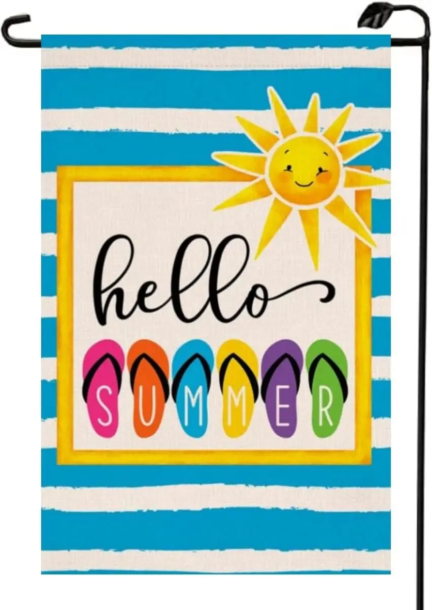 Summer Beach Garden Flag for Outside12x18 Inch Vertical Double Sided Hello Summer Colorful Slippers Flip Flop Holiday Burlap jjp