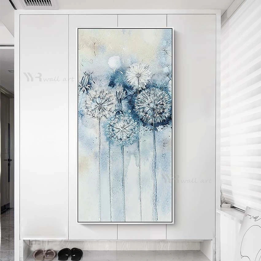 Blue Dandelion，Pure Hand Drawn Canvas Oil Painting, Abstract Frameless Mural,Sofa Background Decoration, Art Custom,Living Room