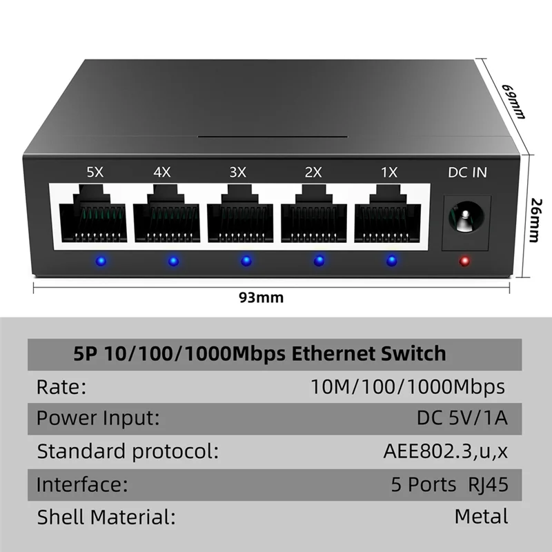 AA60-5 포트 기가비트 산업용 스위치 1000Mbps 미니 네트워크 이더넷 스위치 홈 스플리터 오피스 네트워크 분배기