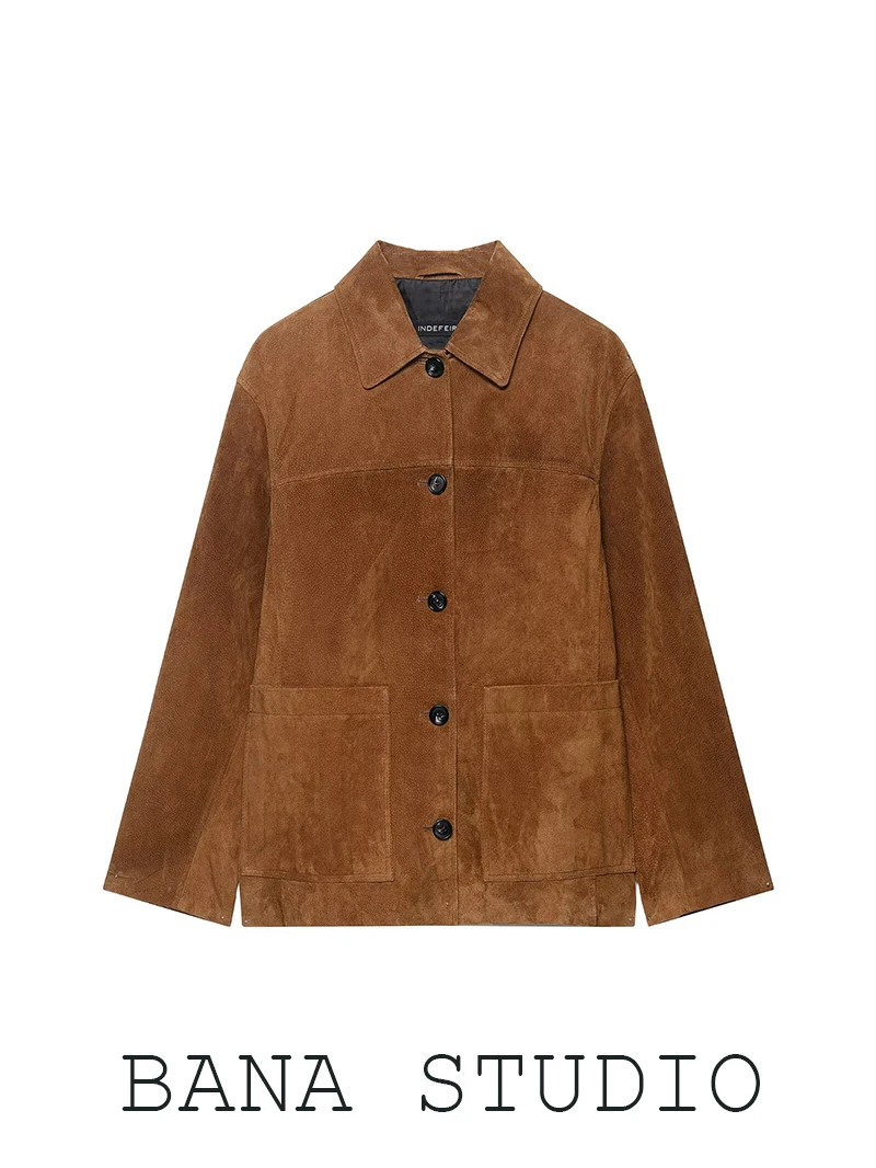 Brown Suede Jaet Women's Oversize Autumn Flip Collar Faux Leather Coat Long Sve Commute Sle Regular Fit Faionable