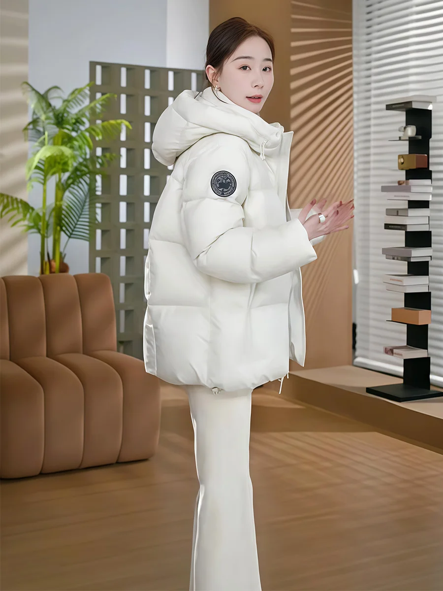 

Повседневная женская пуховая куртка средней длины с капюшоном, свободного кроя, утепленная, белая, из натурального пуха, теплая верхняя одежда для отдыха