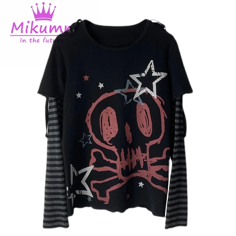 Gothic Punk Star Skull Print Tshirt Harajuku Y2k Women Autumn Long Sleeve Fake Two Piece T Shirt Grunge Rock Tees Alt Clothes