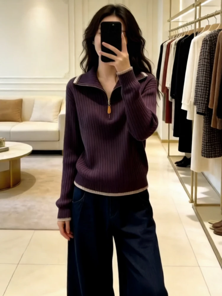 

Unique Beautiful Long Sve Women's Knitwear Purple Lazy Sle Outerwear Spring Autumn High Ne Casual Comfortable Breathable