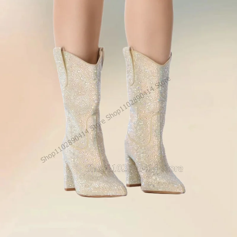 

Beige Rhinestone Decor Mid Calf Pointed Toe Boots Slip On Women Shoes Chunky High Heels Fashion Party 2025 Zapatos Para Mujere