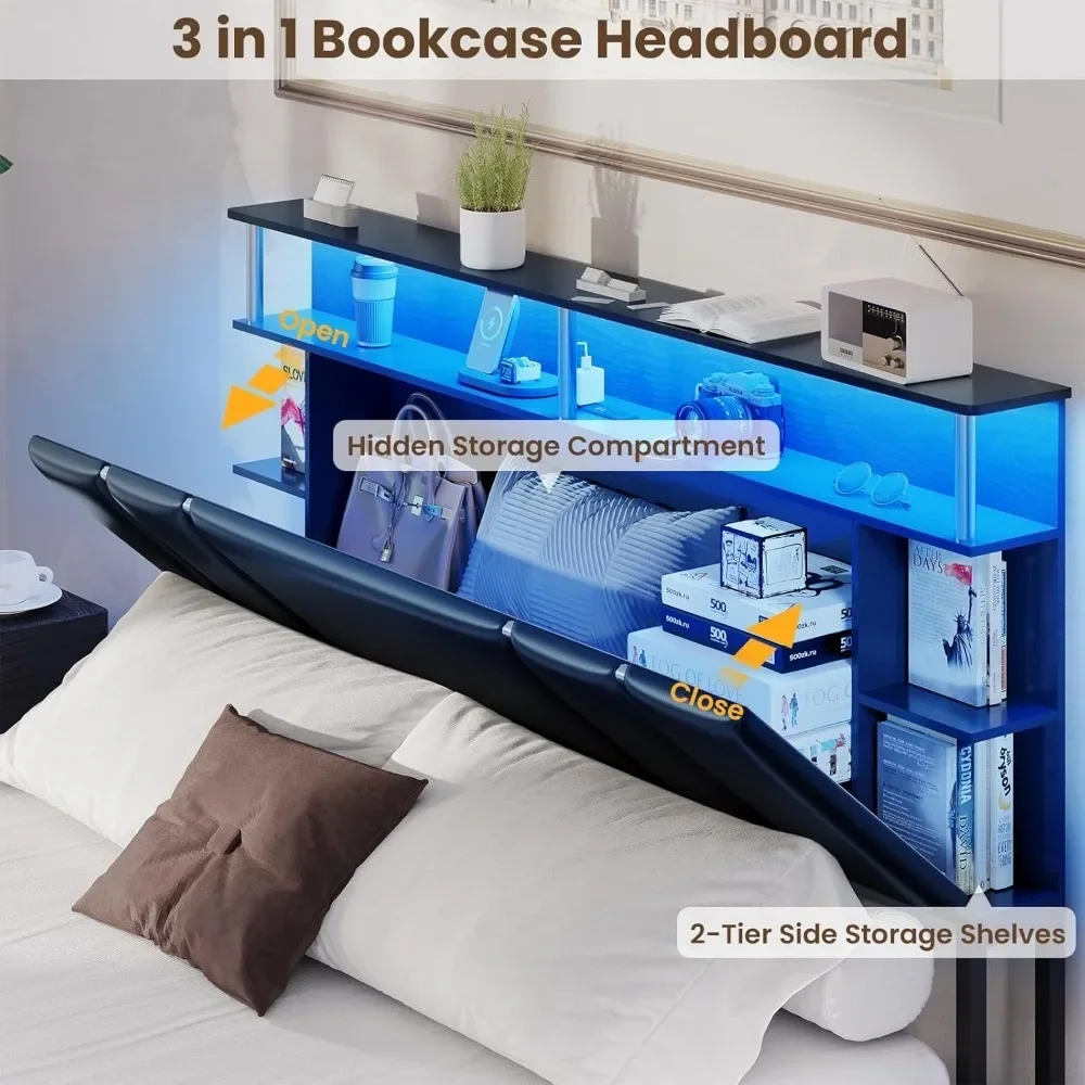 Bed Frame Full Size with Bookcase Headboard and 4 Storage Drawers, Leather Upholstered Full Bed Frame image 5