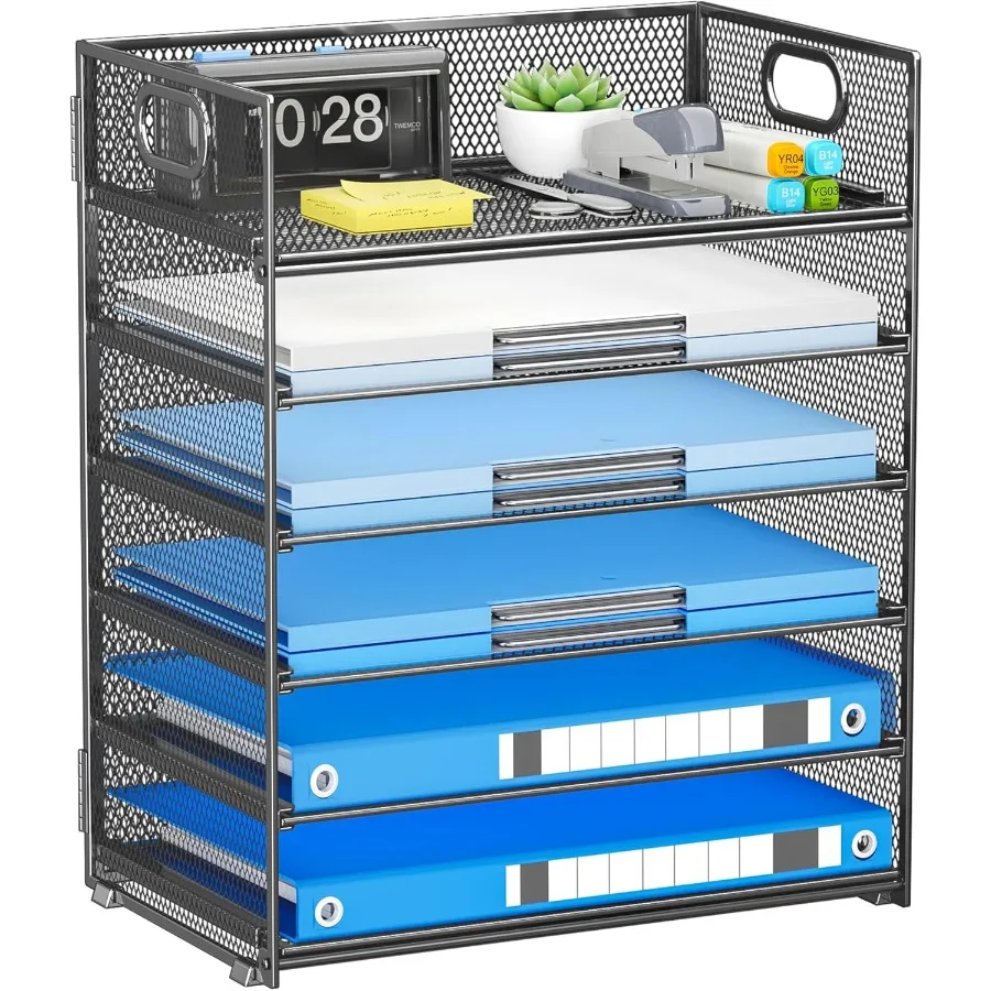 6-poziomowy organizer na dokumenty z uchwytem, siatkowy, do efektywnego sortowania i przechowywania papierów w biurze lub domu, szary