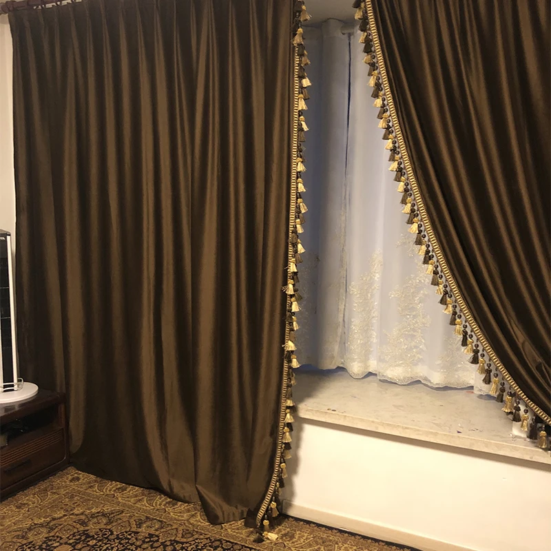 Custom Upscale velvet dark coffee American living room floor-to-ceiling bay window cloth blackout curtain tulle drape C1876