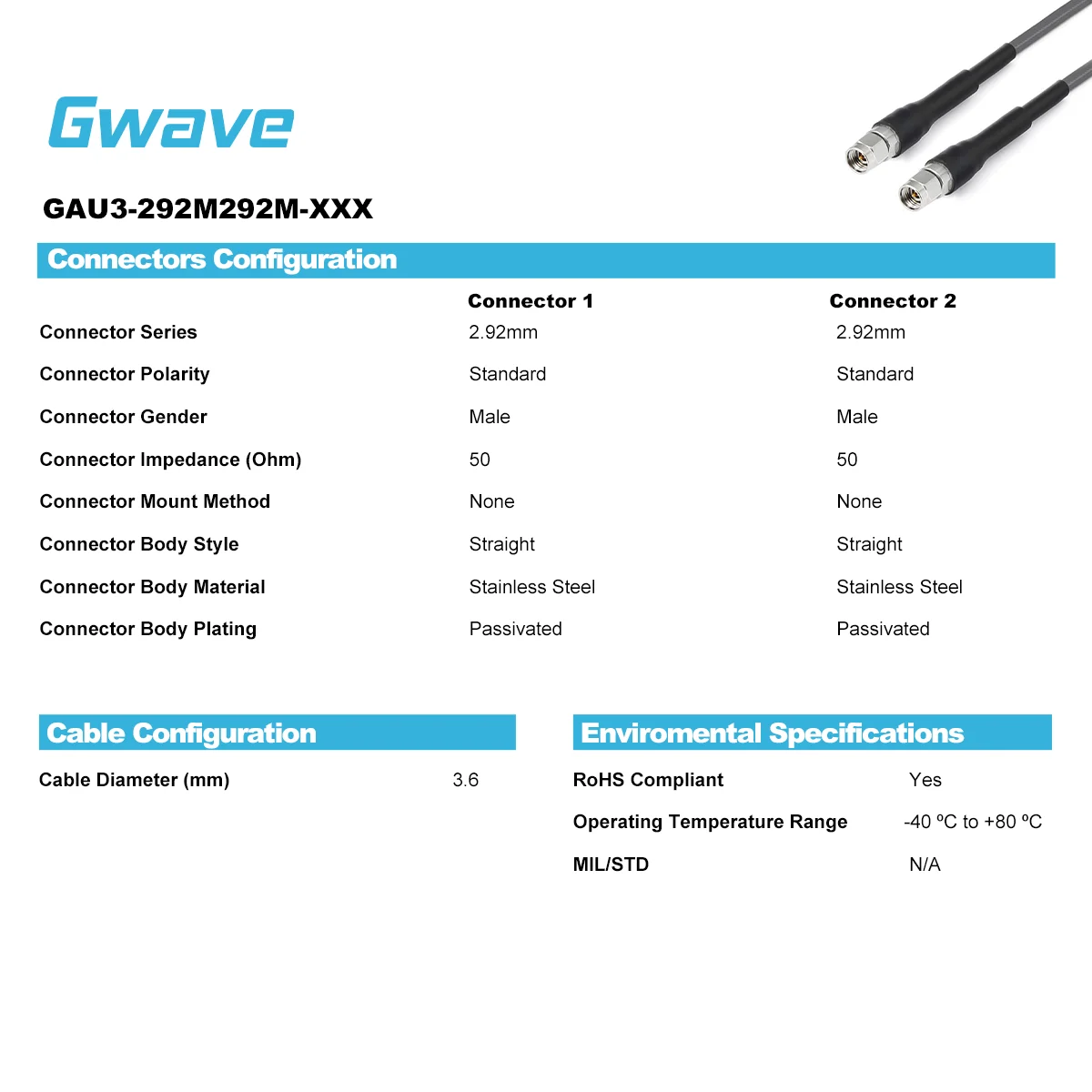 2.92mm Male To 2.92mm Male Coaxial Cable 3507 Series Low Loss & Phase Stable Flexible For DC-40GHz Communication