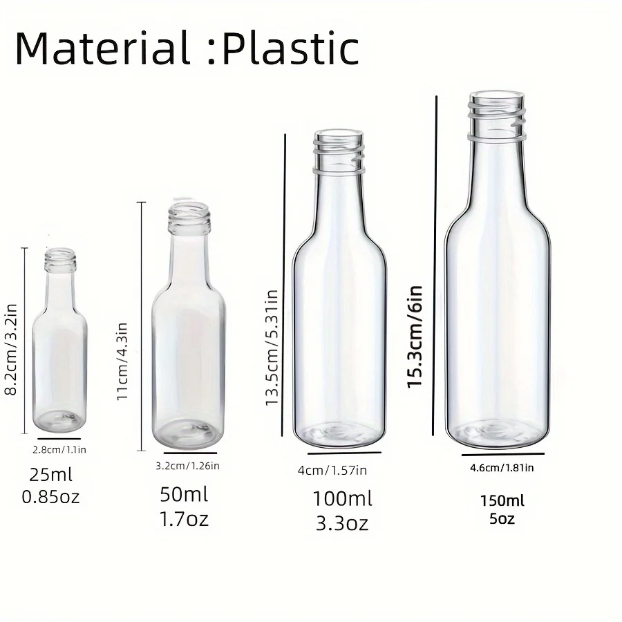 25Pcs Mini Liquor Bottles - Reusable, Shatterproof PPSU Plastic Shot Bottles with Black Caps & Funnel - Ideal for Weddings