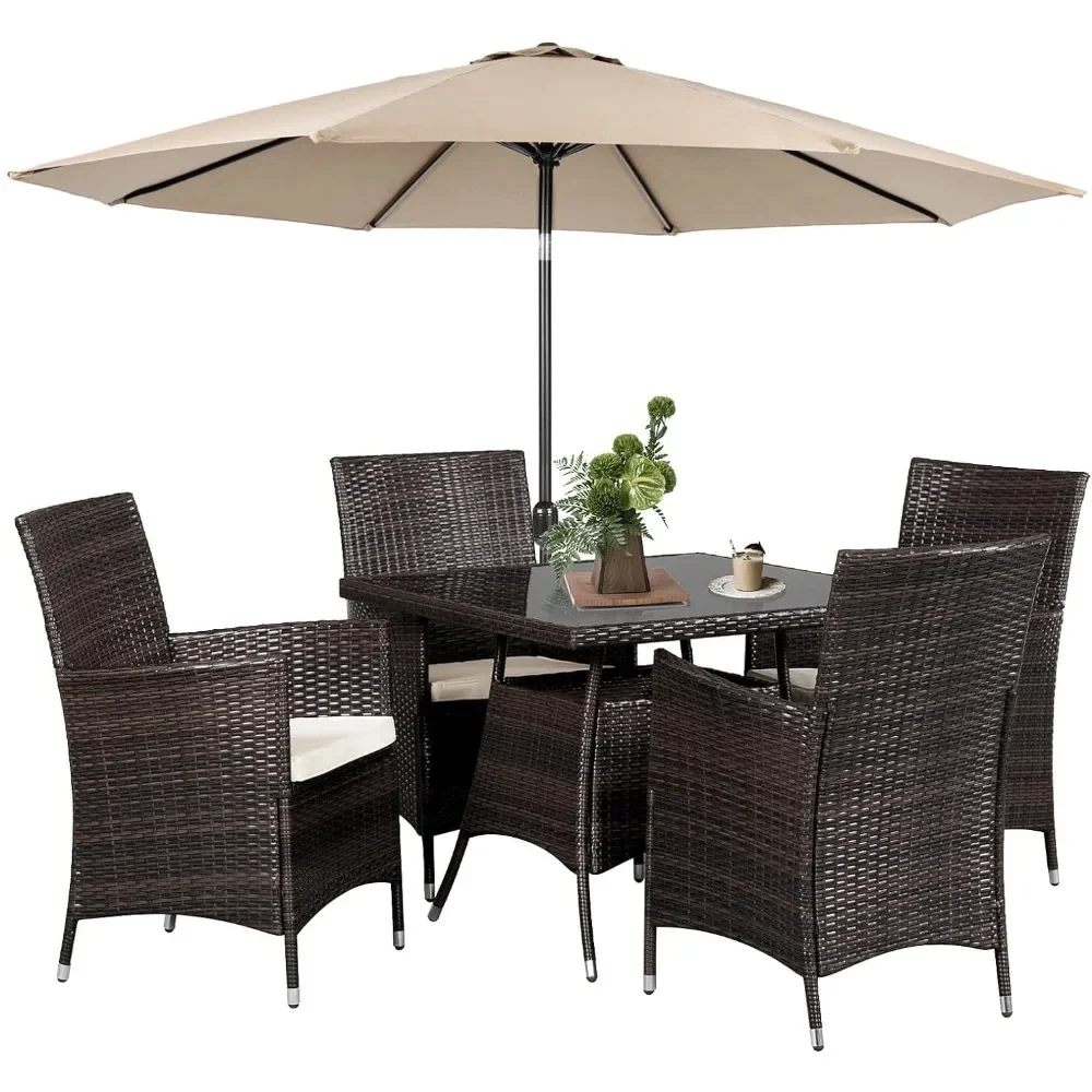 5 Piece Outdoor Dining Set, Wicker Patio Diner Table and Chair with Cushions, Tempered Glass Tabletop with 9 FT Patio Umbrella