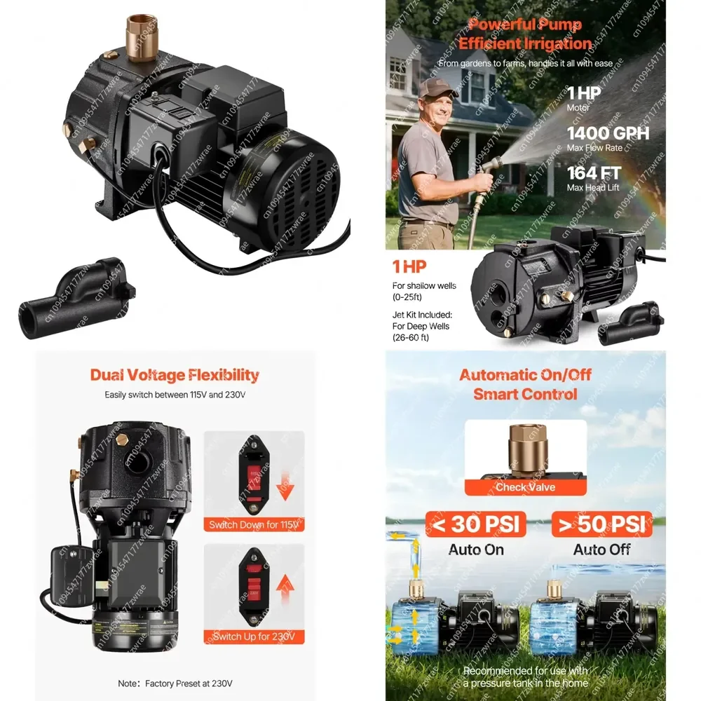1 HP Dual Voltage Cast Iron Jet Pump 115/230 Volt Shallow Well with 1400 GPH Max 164 ft Head Lift Automatic Pool Pump
