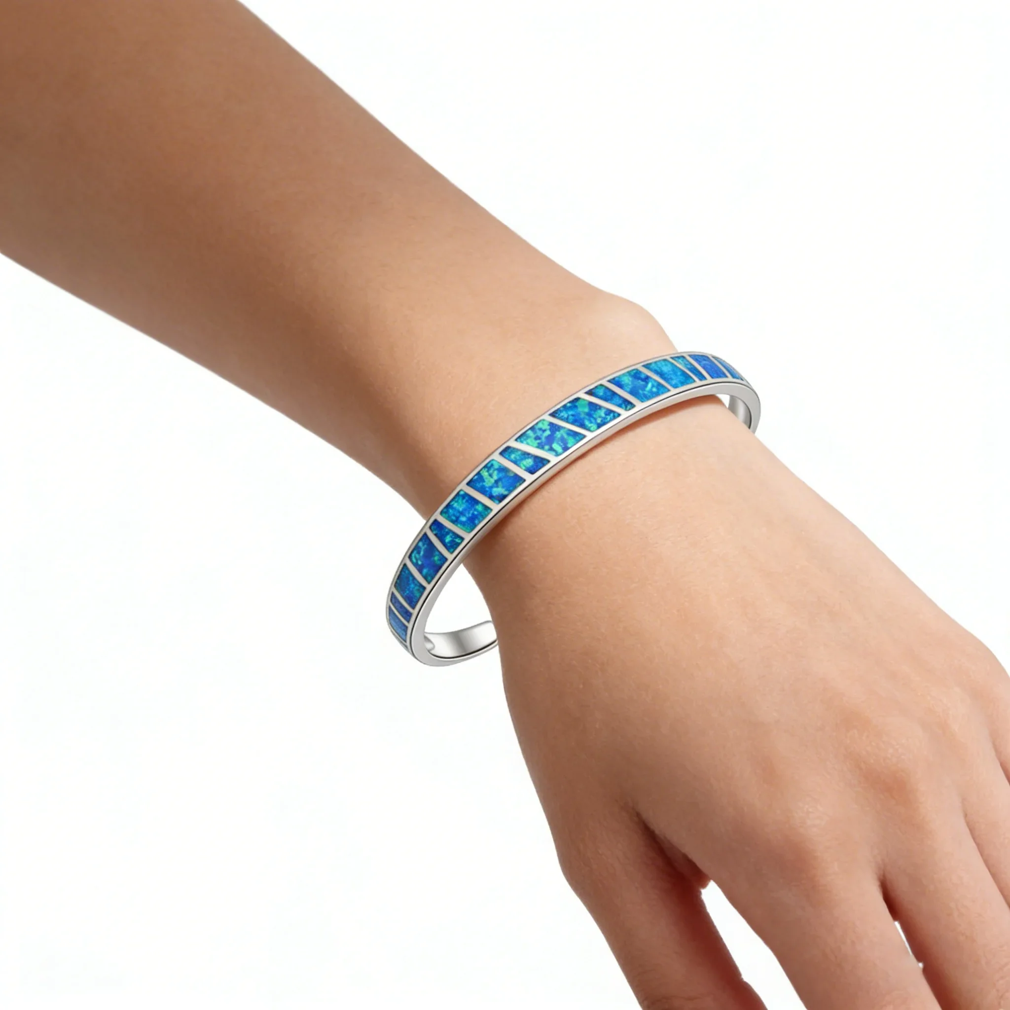 Blaues Opal-Manschettenarmband für Damen, silberfarbenes Statement-Armreif, stapelbarer Boho-Schmuck als Geschenk für Mädchen und Frauen – Detail 6