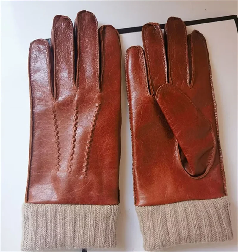 New Men's Sheepskin Gloves Fashion Ripple Touch Screen Wool Knit Lining Winter Leather Driving Gloves Autumn