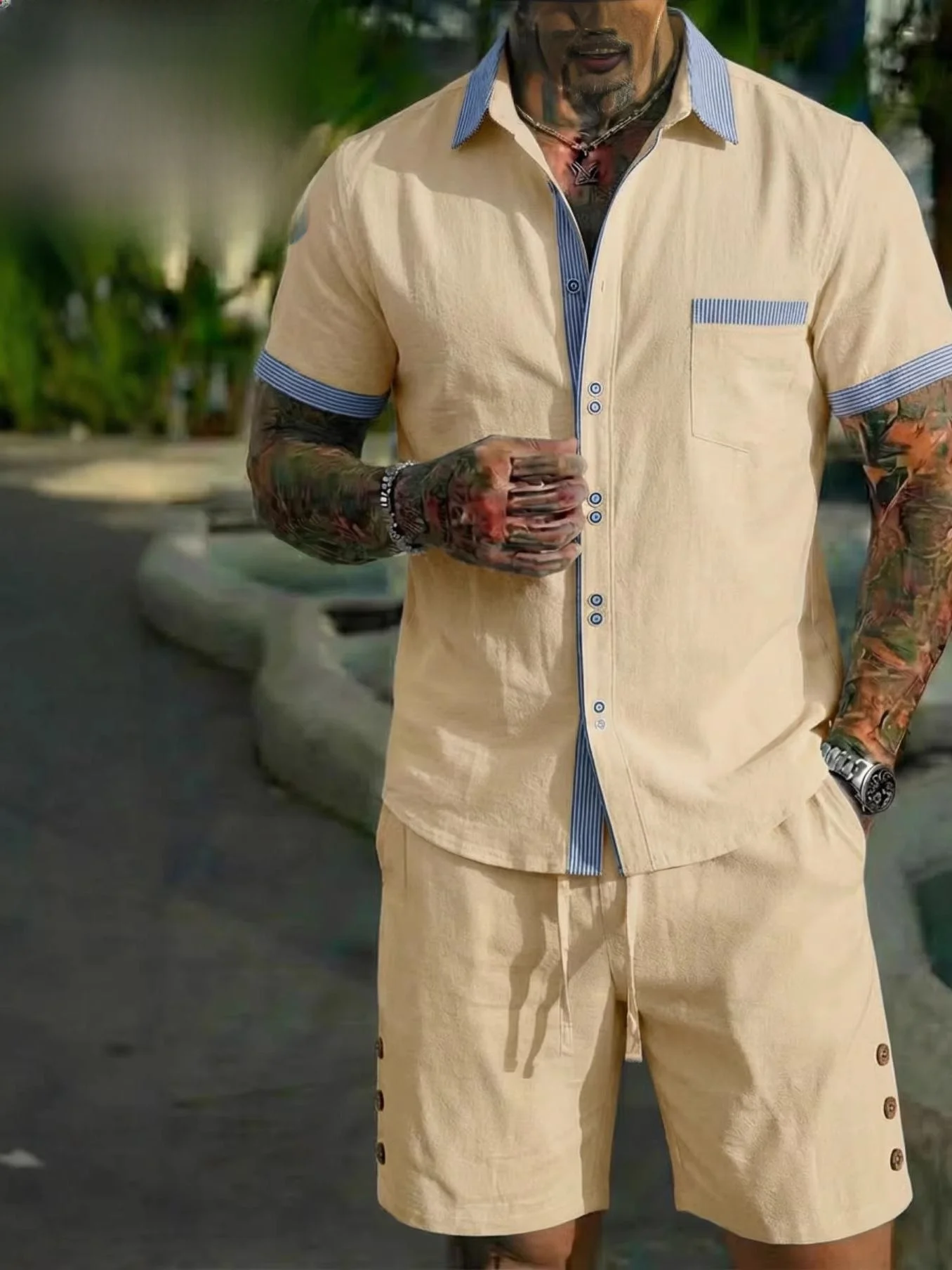 

Мужской комплект из рубашки с коротким рукавом и шорт с цветными вставками, повседневная спортивная одежда из хлопковой смеси, удобный, дышащий, осенний комплект