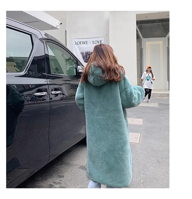 Lautaro Winter Long Loose Casual Windproof Soft Thick Warm Fluffy Green Black Faux Fur Coat Women with Hood Furry Overcoat 2023