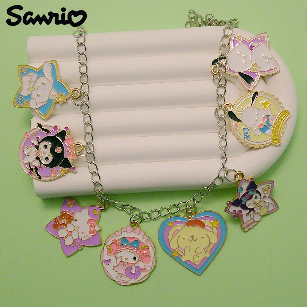 Anime Sanrio Bracelet Cartoon Hello Kitty Kuromi Cinnamoroll Metal Badge Pendant Bangle for Kids Girl Kawaii Jewelry Accessories