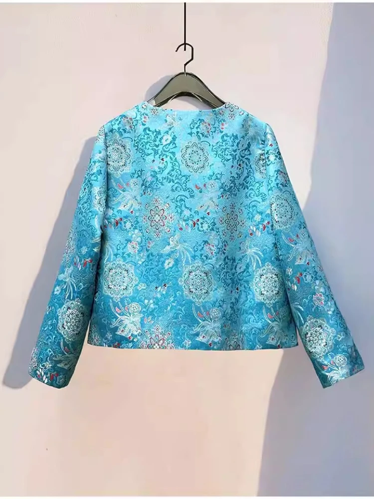 2026 Spring Chinese Style Elegant Jacquard Embroidery Heavy Industry Beading Round Neck Long Sleeve Short Jackets Coat for Women