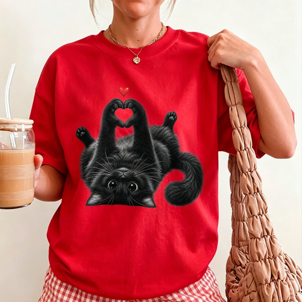 Cute Black Cat Making Heart Shape with Paws Graphic T-shirt Lovely Heart Cartoon Kitty Print Short Sleeve Tee Cat Lover Gift Top