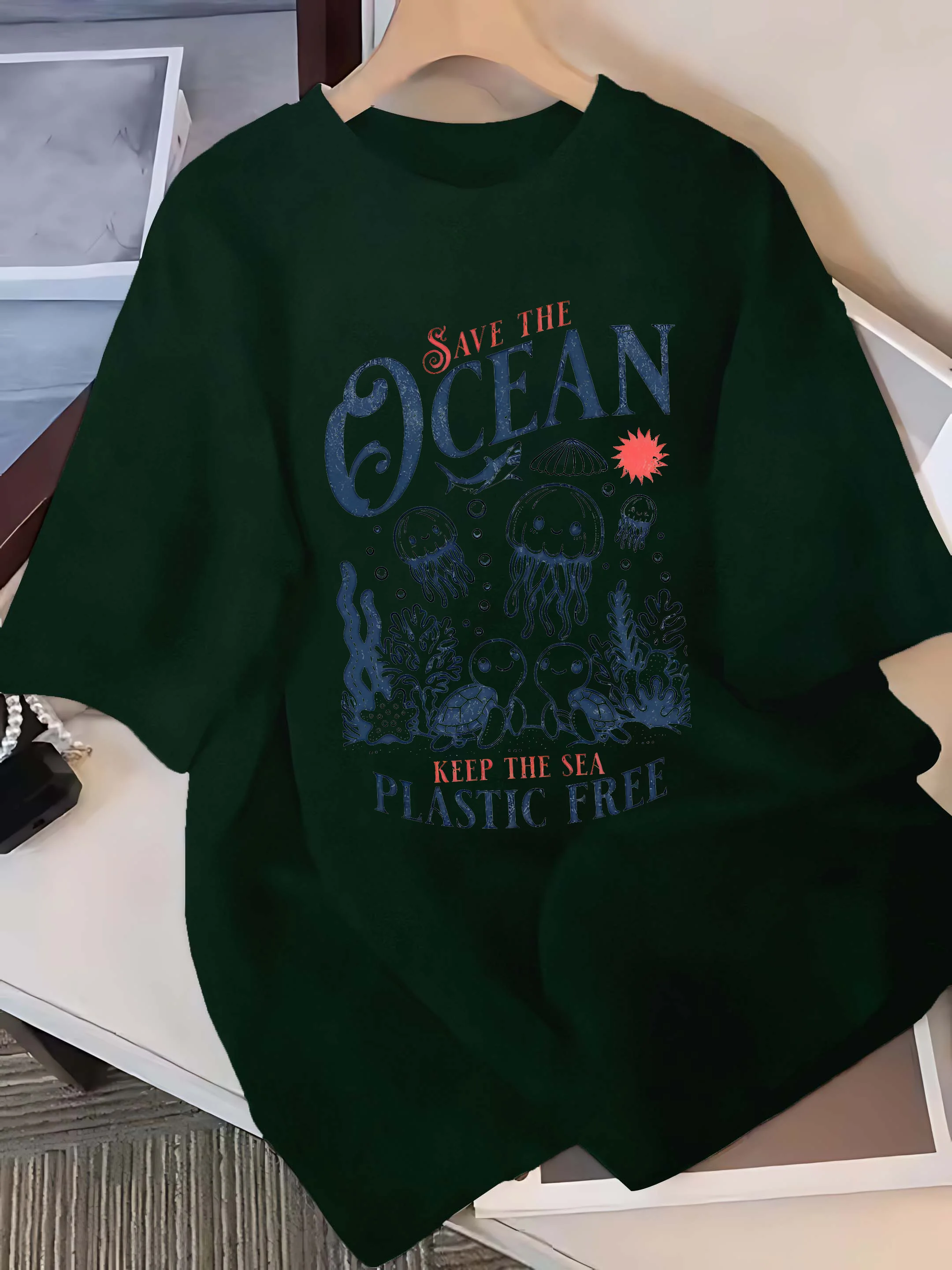 플러스 사이즈 6색 반소매 티셔츠: "SAVE THE OCEAN" 해양 생물 및 플라스틱 - 무료 그래픽