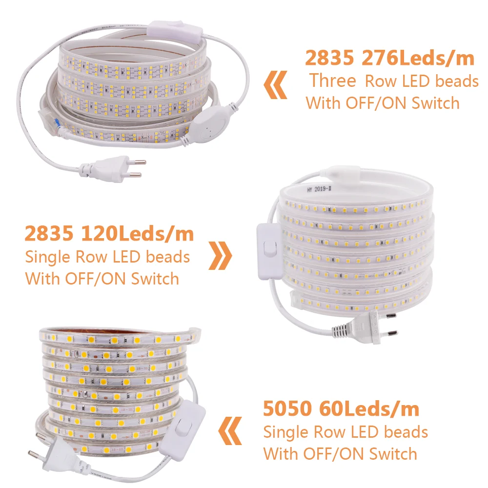 220V LED Strip Light 2835 276Leds/M Waterproof Flexible Ribbon Rope With Switch SMD5050 60 LED Tape Diode For Home Decoration