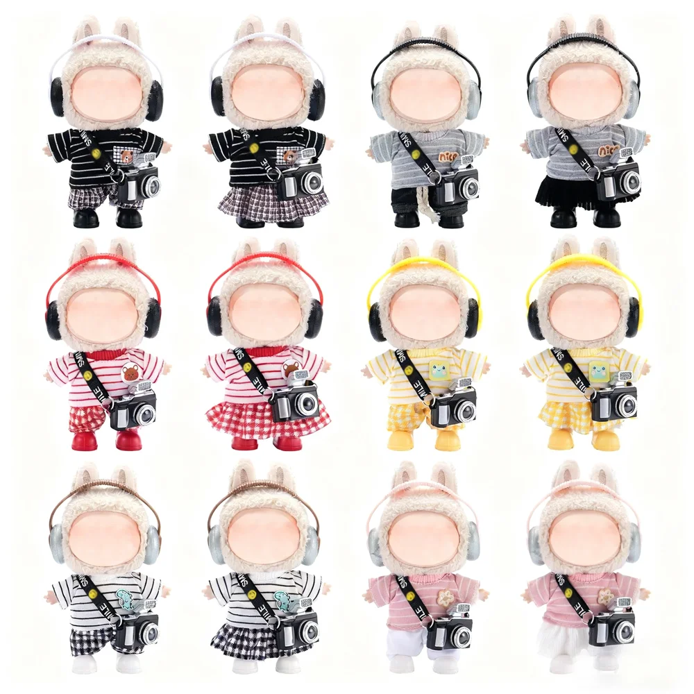 

17 см кукольная одежда для украшения Labubu, мини-одежда, аксессуары с обувью, наушники, камера, плюшевая игрушка, сменные костюмы