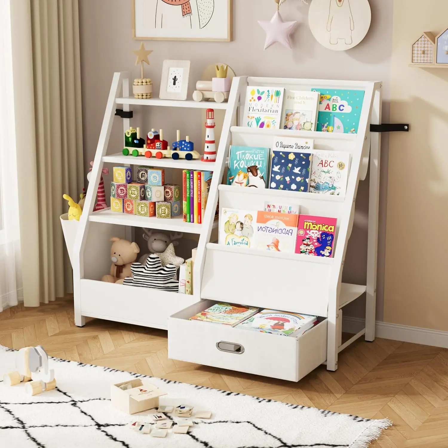 

Kids Bookshelf and Toy Storage, 3 Tier Sling Bookcase for Nursery, Bedroom, Playroom, White