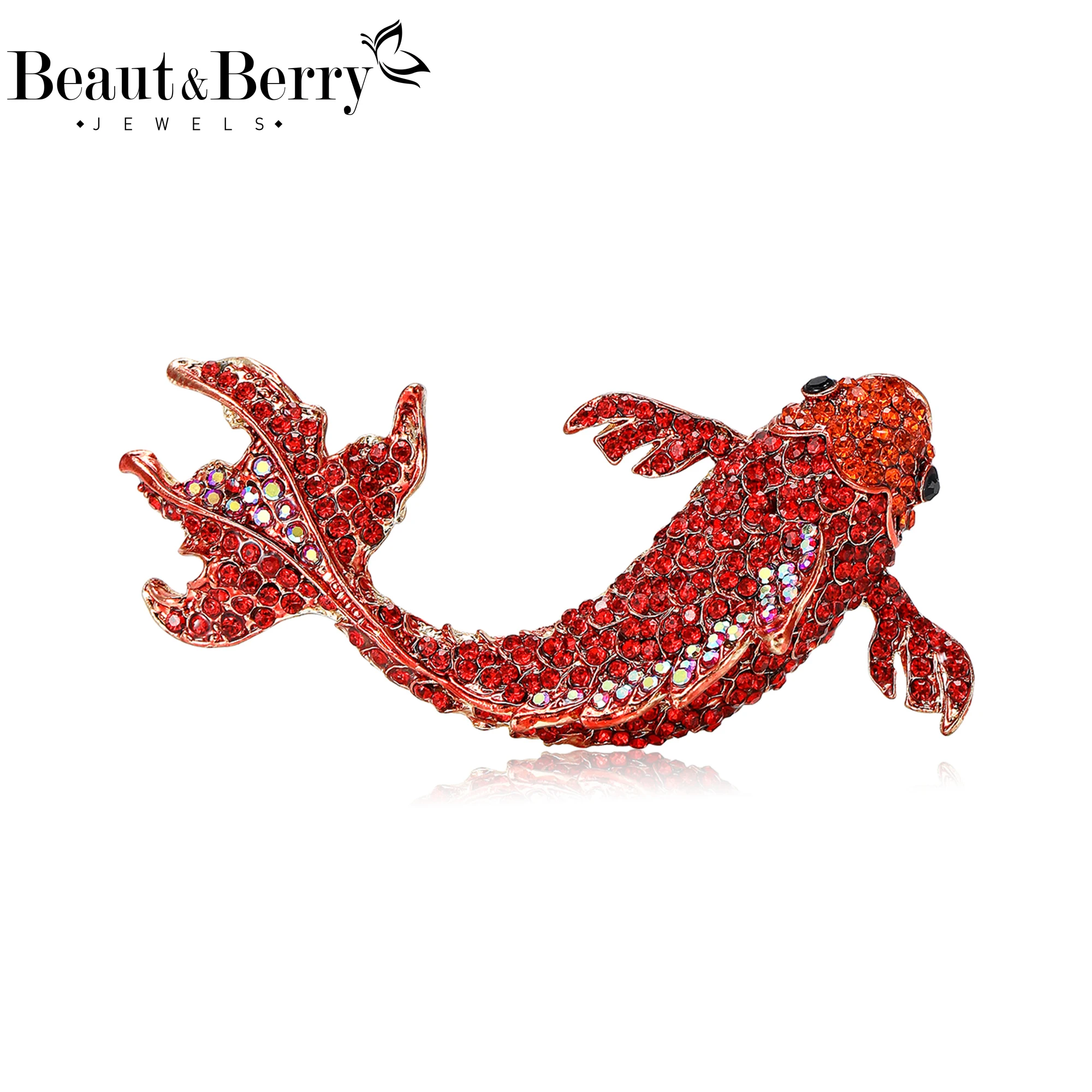 Beaut&Berry Trendy Rhinestone Red Big Carp Brooch for Women Animal Pins Friends Party Gifts Banquet Jewellery Accessories