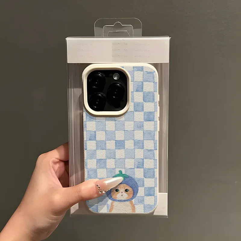 Cute Plaid Kitten Lychee Texture Phone Case For iPhone 17 16 15 Pro Max 14 13 12 11 Pro 14 15 Plus 17 Air Silicone Soft Cover