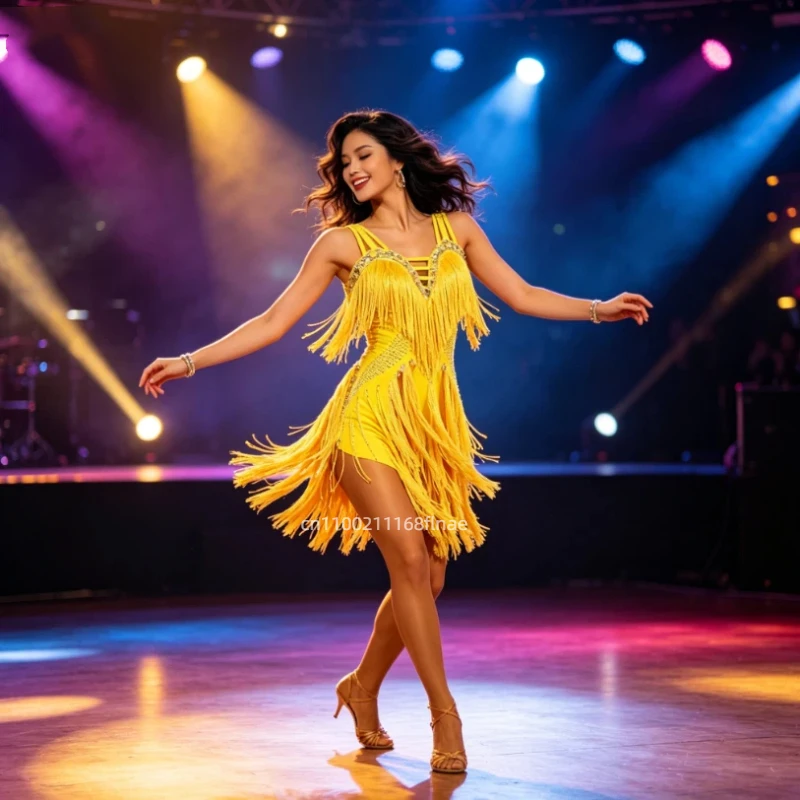 Advanced Latin Dance Dress Performance Dress Tassel Skirt Ballroom Dance Standard Competition Dress Floral Dress for Women