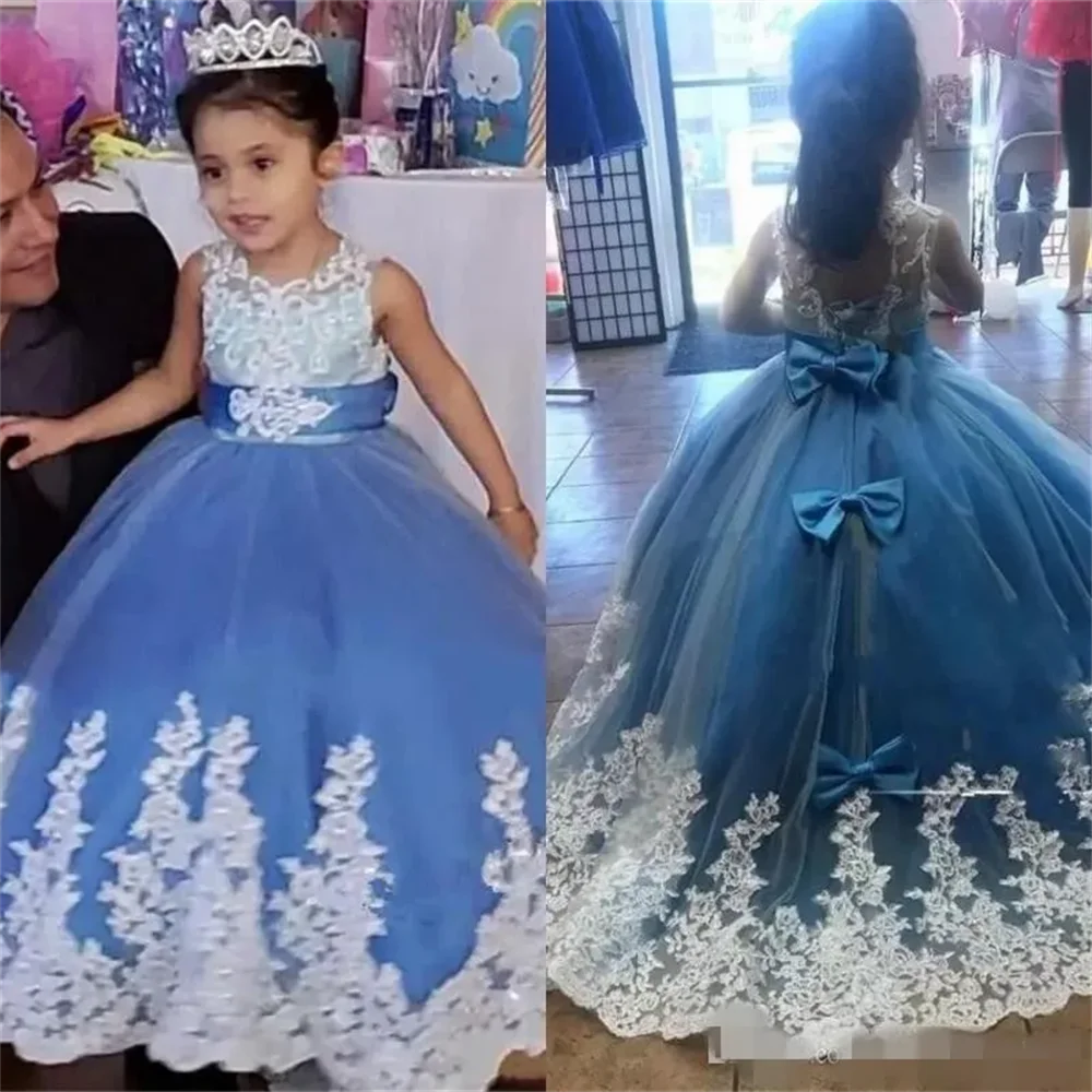 Vestidos de niña de flores para desfile, Apliques de encaje para boda, vestido de primera comunión de princesa, vestidos largos de fiesta de cumpleaños para niños pequeños