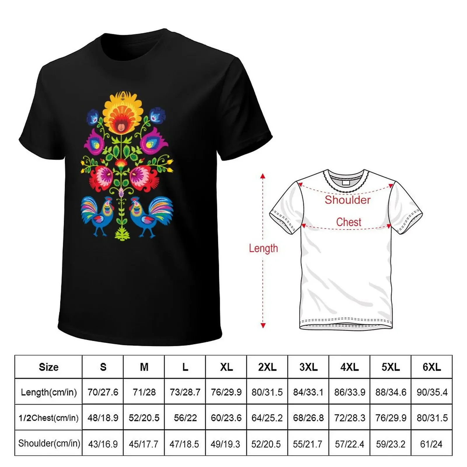 Folk composition with flowers and roosters - wycinanki on black T-Shirt tees anime stuff vintage graphic tee mens t shirts