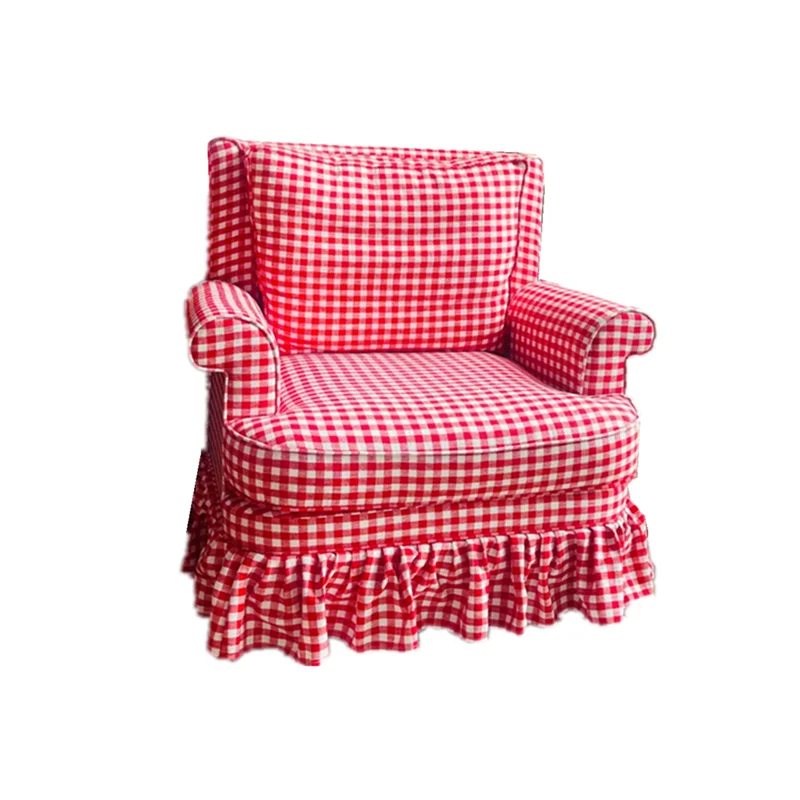 French retro nostalgic pastoral red and white plaid single sofa Xiaohongshu balcony photography skirt high back chair