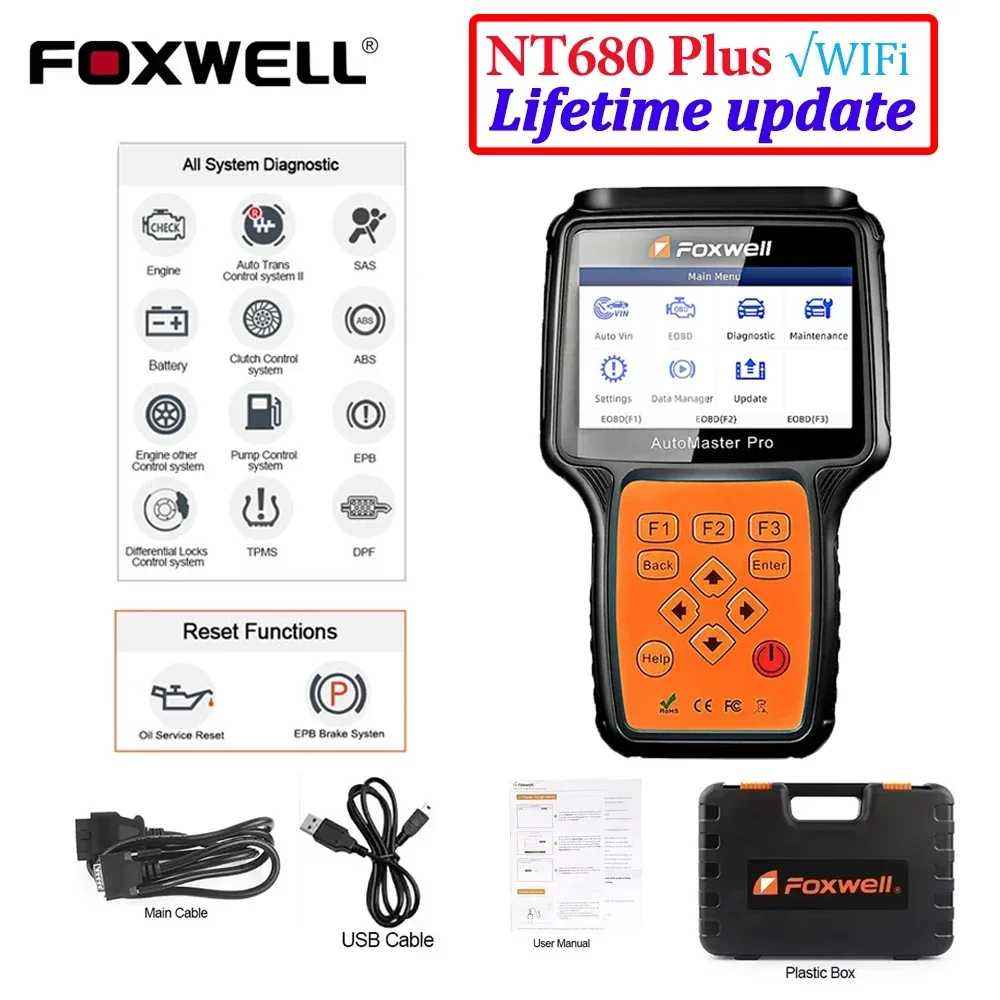 2025 Foxwell Nt680 Pro / Plus WIFI All-System OBDII Diagnostic Scanner Car Auto Diagnostic Tool Support Reset+EPB Free Update