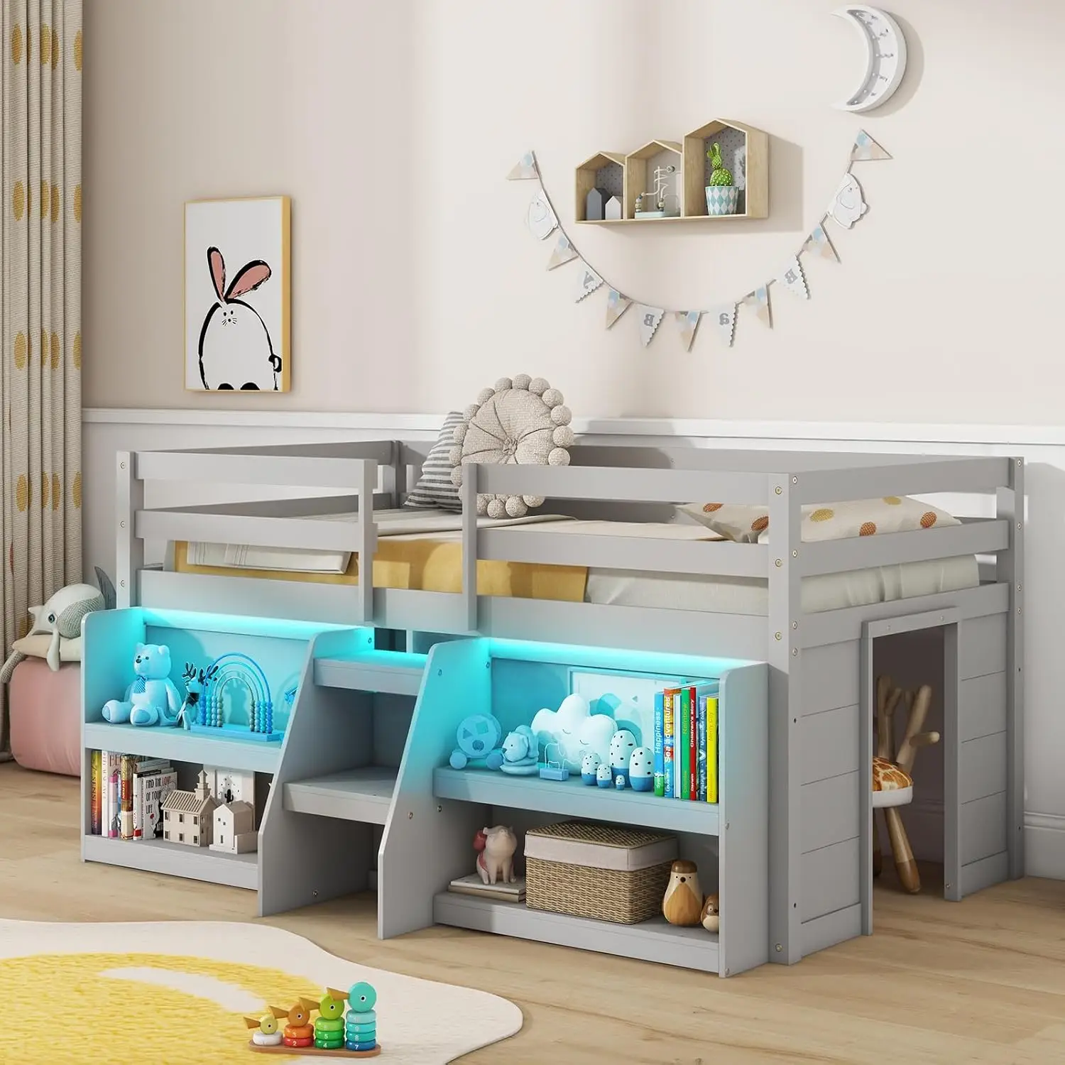 Twin Loft Bed with LED Lights Wooden Stairs & Safety Guardrail Storage Bookcase Under-Bed Play Space for Kids, Customized