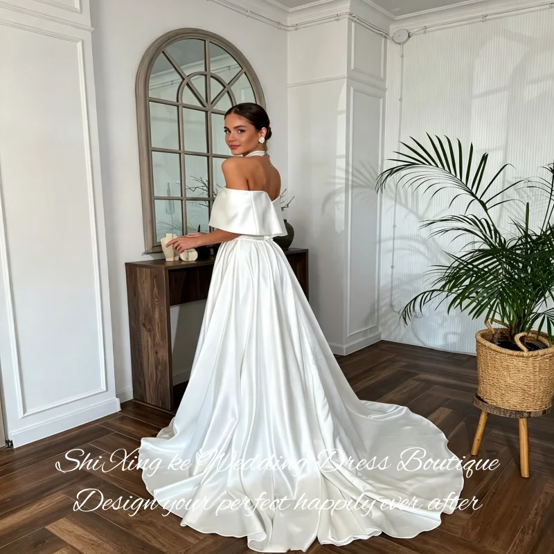 Off Shoulder Fold Satin A Line Wedding Dress 26 Boned Corset High Slit Chapel Train Vestidos De Novia Customized