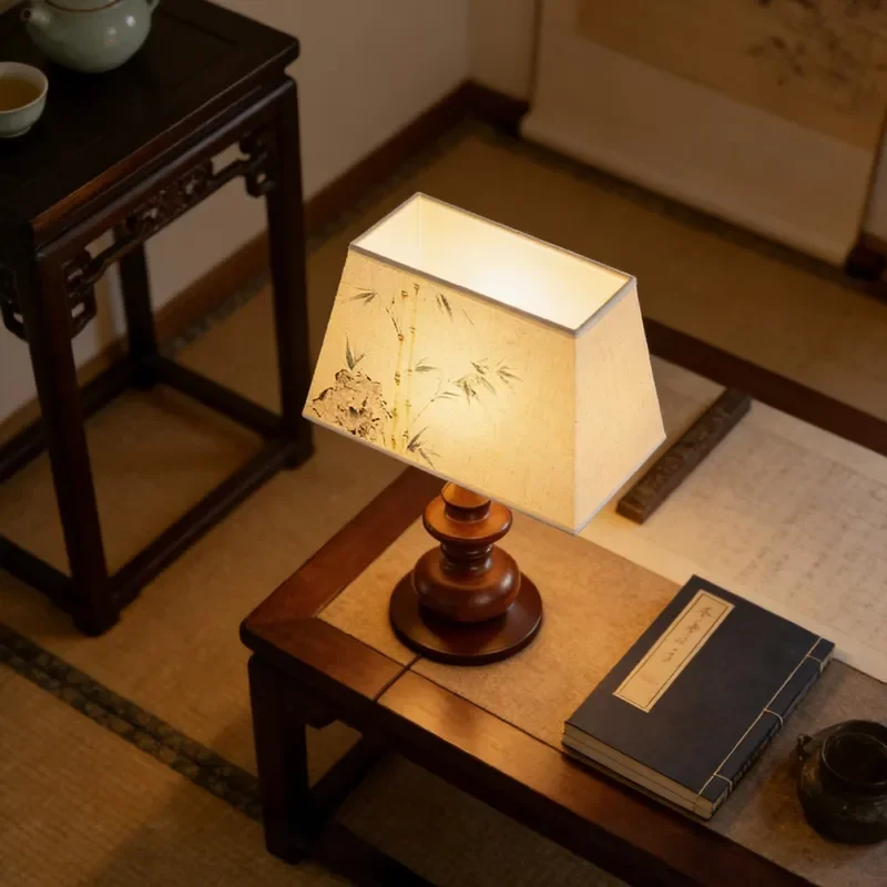Retro Chinese Style Table Lamp Zen Landscape Fabric Shade Home Decor Light for Tea Room Study Bedroom Nightstand Ornament