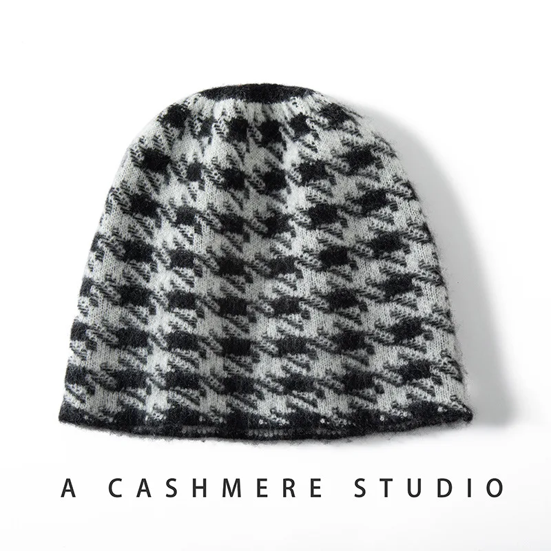 fashionable zebra pattern knitted cashmere hats autumn winter couple fashionable all-match houndstooth hat for women