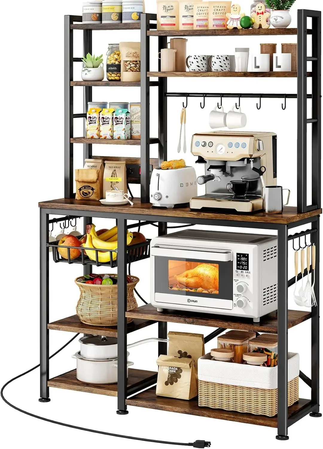 with Power Outlet - Microwave Stand with Storage, Large Coffee Bar Station with 14 Hooks, Metal Kitchen Shelf Rack for Spices,